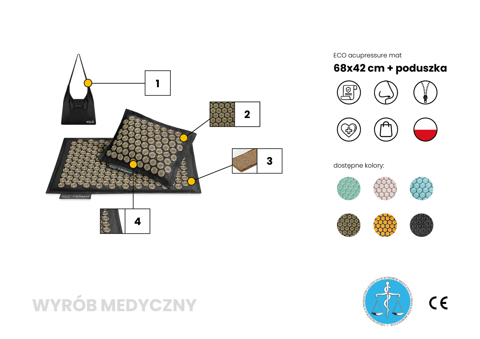 4FIZJO ECO Mata do akupresury 68x42cm z łuskami z gryki z poduszką czarno-złota