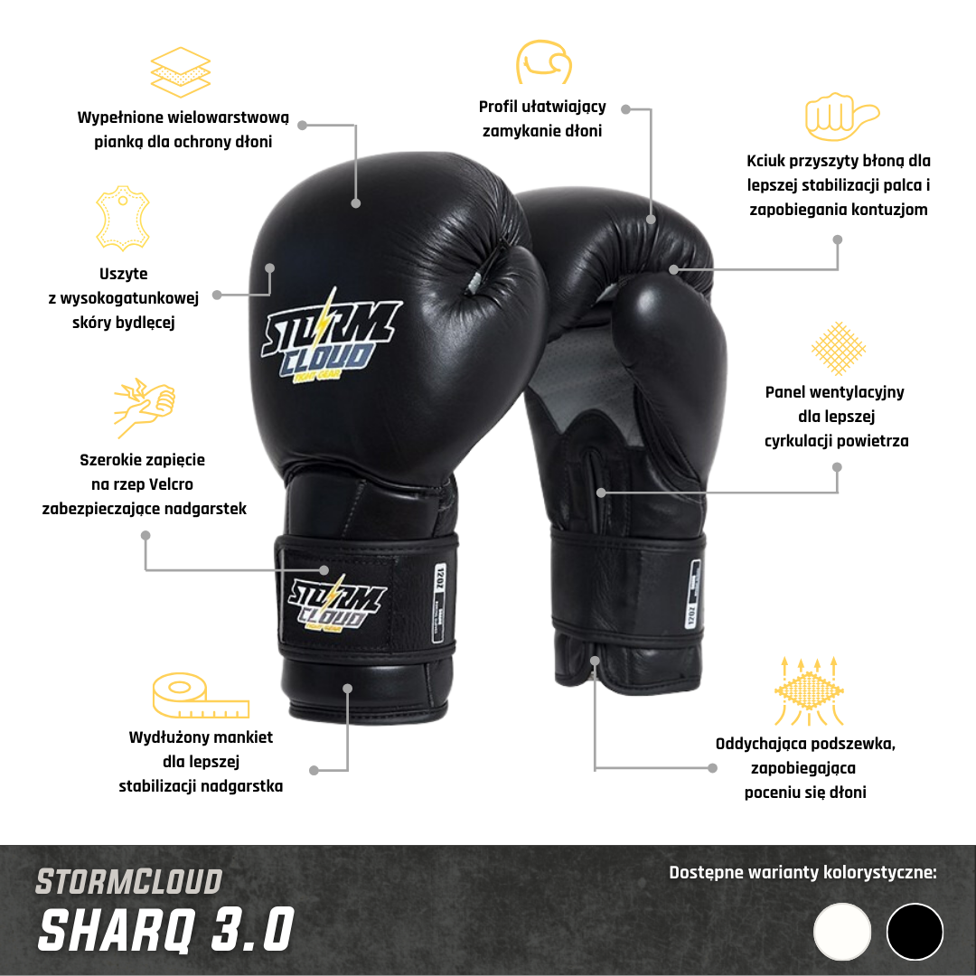 StormCloud Rękawice bokserskie ze skóry naturalnej Sharq 3.0 Czarne