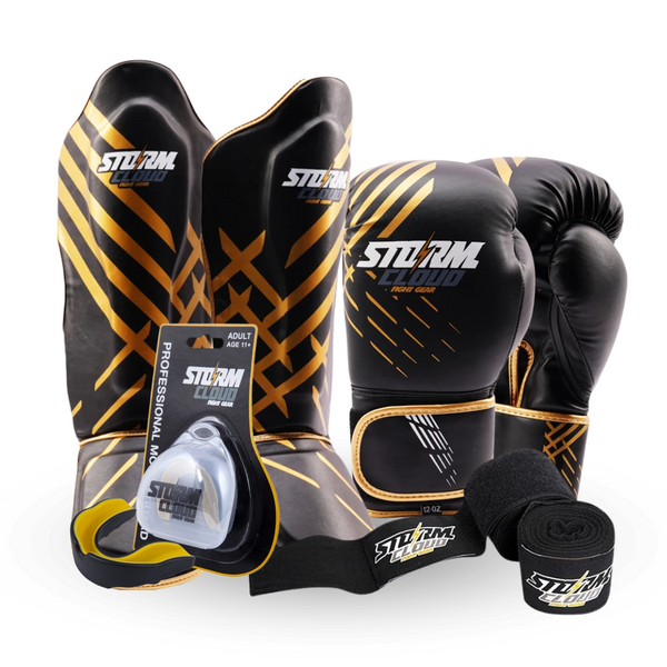 Zestaw Kickboxing Rękawice bokserskie Lynx Czarno-Złote + Ochraniacze na piszczele + Owijki + Ochraniacz Szczęki Pro