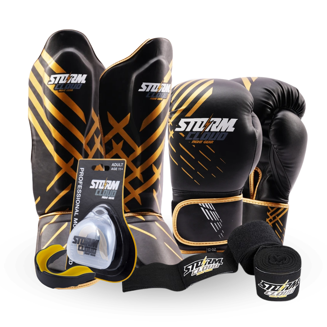 Zestaw Kickboxing Rękawice bokserskie Lynx Czarno-Złote + Ochraniacze na piszczele + Owijki + Ochraniacz Szczęki Pro