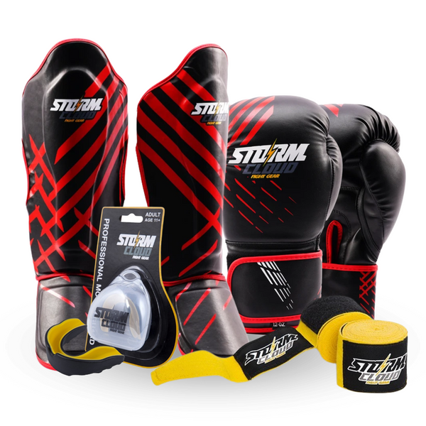 Zestaw Kickboxing Rękawice bokserskie Lynx Czarno-Czerwone + Ochraniacze na piszczele + Owijki + Ochraniacz Szczęki Pro
