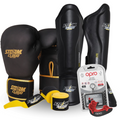 Zestaw Kickboxing Premium Rękawice Boxing Pro Czarno-Złote + Bandaże 4M + Szczęka OPRO UFC Silver + Piszczele Lite Czarne