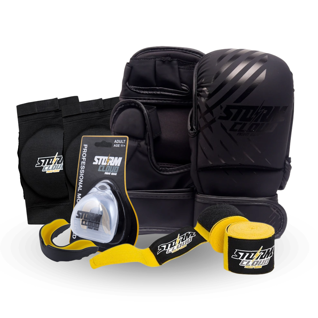 Zestaw MMA Rękawice MMA Lynx Czarno-czarne + Ochraniacze Kolan + Ochraniacz Szczęki PRO + Owijki HW 1.0 2,5M