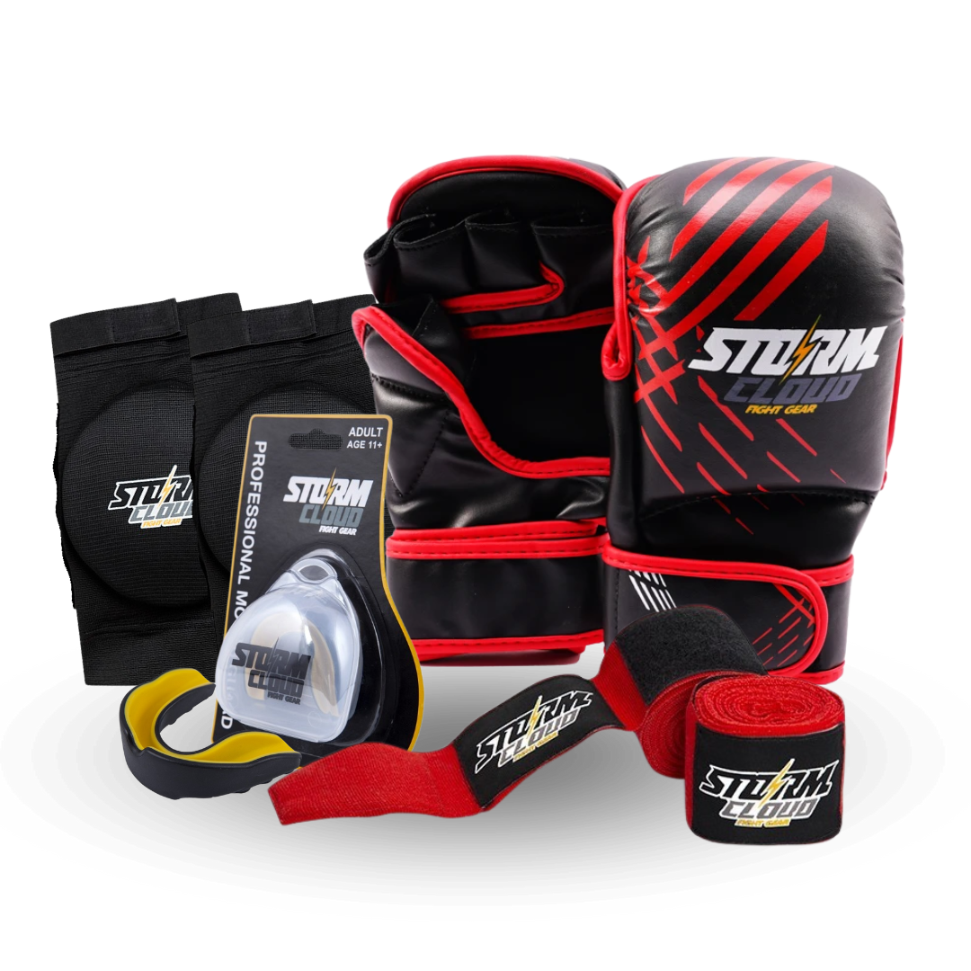 Zestaw MMA Rękawice MMA Lynx Czarno-czerwone + Ochraniacze Kolan + Ochraniacz Szczęki PRO + Owijki 2,5M
