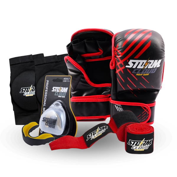 Zestaw MMA Rękawice MMA Lynx Czarno-czerwone + Ochraniacze Kolan + Ochraniacz Szczęki PRO + Owijki 2,5M