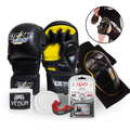 Zestaw MMA Premium Rękawice MMA Hurricane 2.0 Czarne + Ochraniacze Kolan Combat + Ochraniacz Szczęki OPRO Silver + Owijki 2,5M