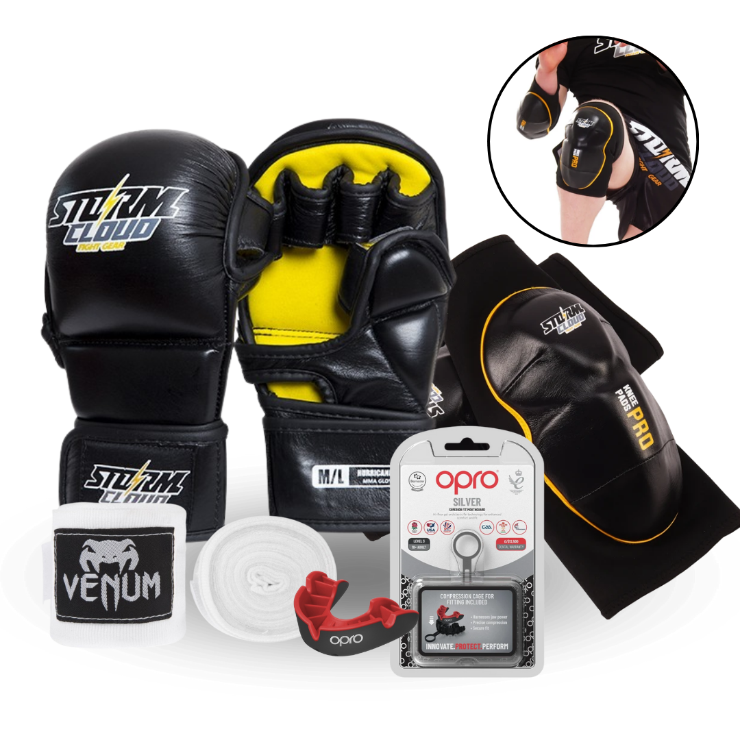 Zestaw MMA Premium Rękawice MMA Hurricane 2.0 Czarne + Ochraniacze Kolan Combat + Ochraniacz Szczęki OPRO Silver + Owijki 2,5M