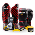 Zestaw Kickboxing Rękawice bokserskie Lynx Czarno-Czerwone + Ochraniacze na piszczele + Owijki + Ochraniacz Szczęki Pro