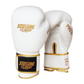 Zestaw Kickboxing Premium Rękawice Boxing Pro Biało-Złote + Bandaże 4M + Szczęka OPRO UFC Silver + Piszczele Lite Białe
