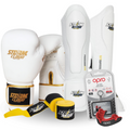 Zestaw Kickboxing Premium Rękawice Boxing Pro Biało-Złote + Bandaże 4M + Szczęka OPRO UFC Silver + Piszczele Lite Białe