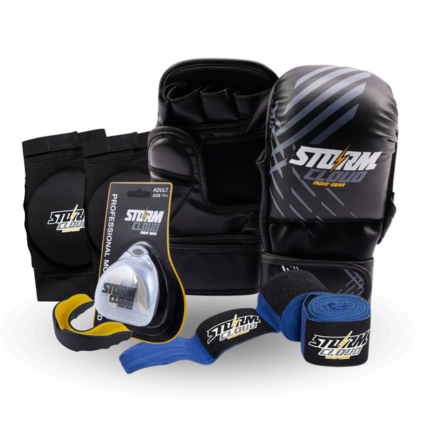 Zestaw MMA Rękawice MMA Lynx Czarno-Szare + Ochraniacze Kolan + Ochraniacz Szczęki PRO + Owijki HW 1.0 2,5M