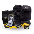 Zestaw MMA Rękawice MMA Lynx Czarno-czarne + Ochraniacze Kolan + Ochraniacz Szczęki PRO + Owijki HW 1.0 2,5M